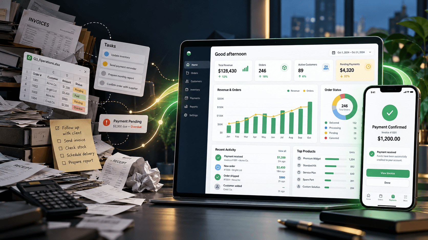 From fragmented paper-based work to a connected web dashboard and mobile app that track business operations and confirm payments.